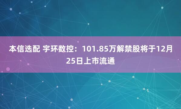 本信选配 宇环数控:101.85万解禁股将于12月25日上市流通